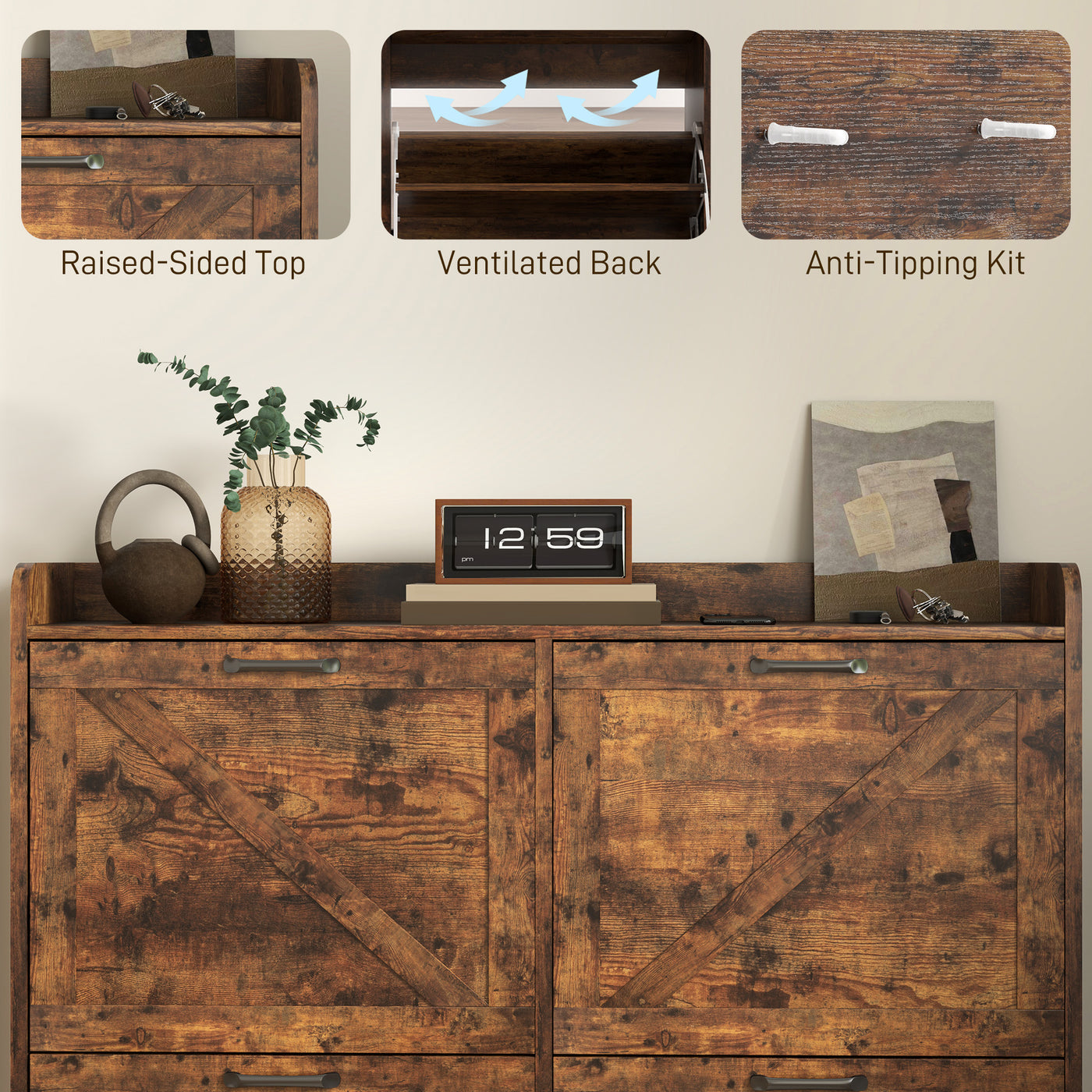 Narrow Shoe Storage Cabinet with 4 Flip Drawers, Adjustable Shelves, 16 Pair Farmhouse Shoe Cabinet, Rustic Brown