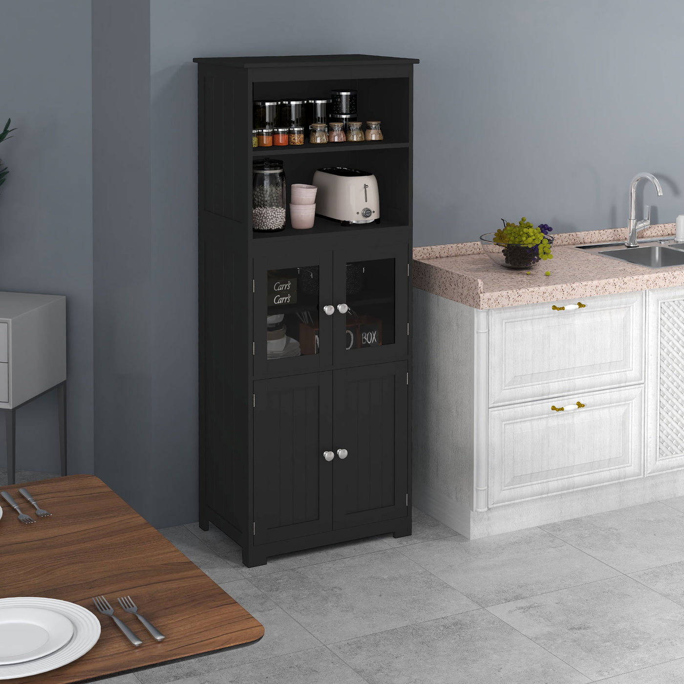 63" Small Buffet with Hutch, 4-Door Kitchen Pantry Storage Cabinet with Adjustable Shelf for Dining Room, Black