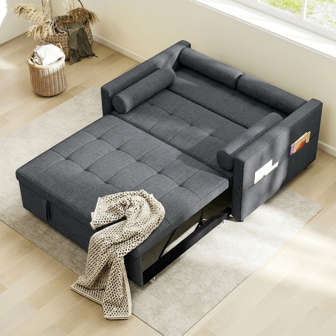 Pull Out Sofa Bed, Sleeper Sofa Couch with USB Ports, Small Linen Loveseat Futon Couch for Living Room, Dark Grey