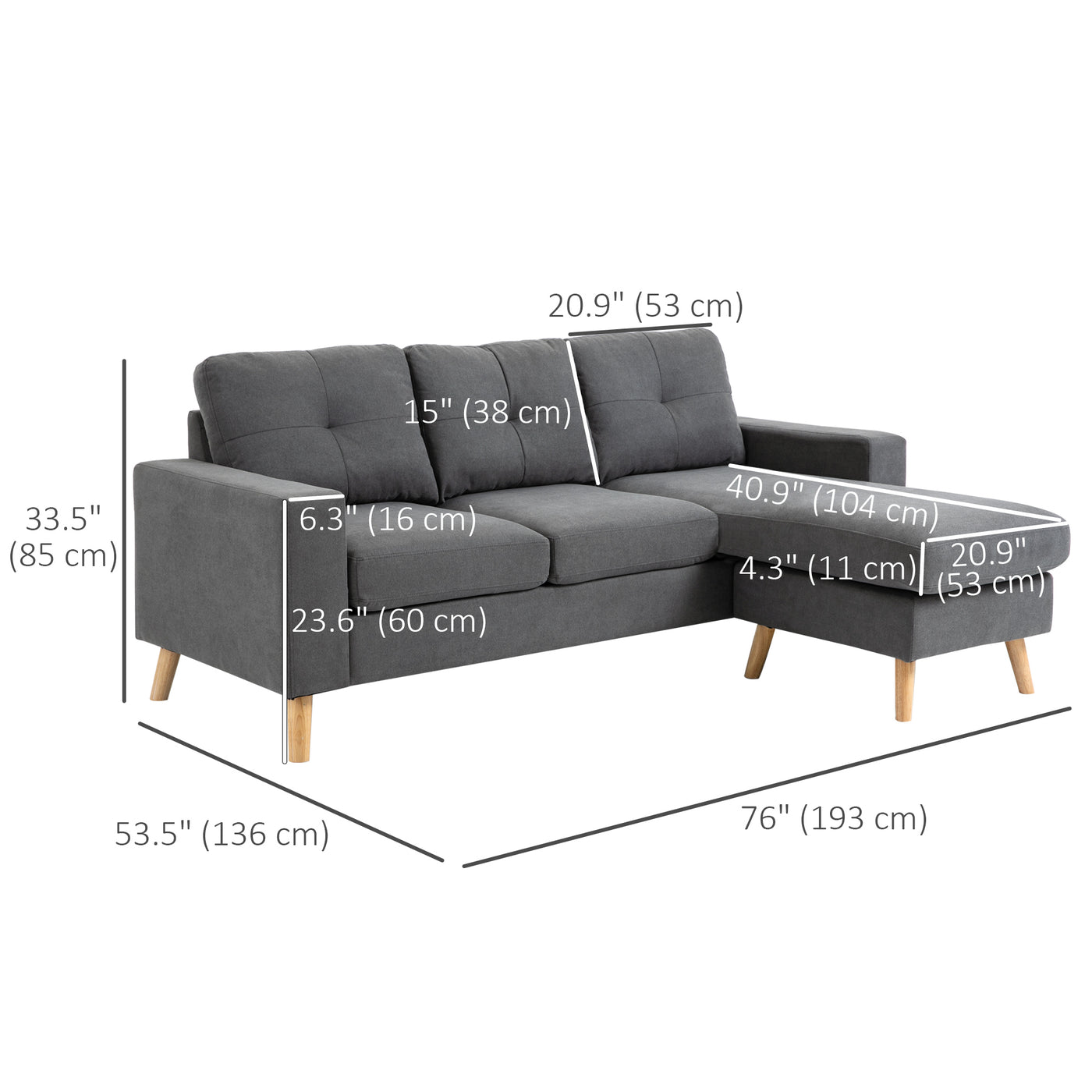 Sectional Sofa Couch, L Shaped Couch with Reversible Chaise, Wooden Legs for Living Room, Bedroom, Dark Grey