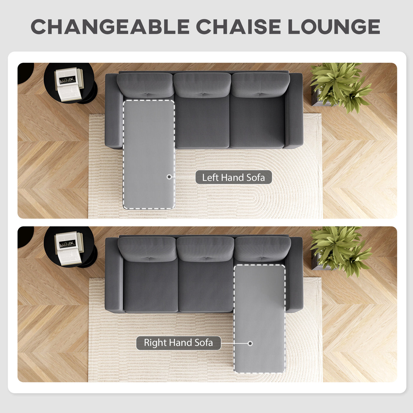 Sectional Sofa with Changeable Chaise Lounge, 3 Seat L-Shaped Small Space Sofa, Upholstered Couch for Small Space, Dark Grey