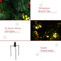 2.5ft 2 Pieces Prelit Artificial Christmas Tree with LED Light Mini Xmas Tree with Small Berry Pine Needles Pinecones Decorations for Garden