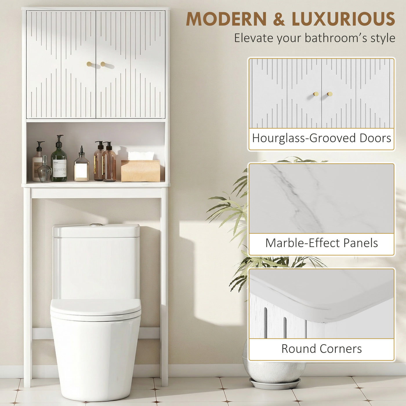 Over The Toilet Storage Cabinet with Adjustable Shelf, Open Shelf and Adjustable Bottom Bar, White