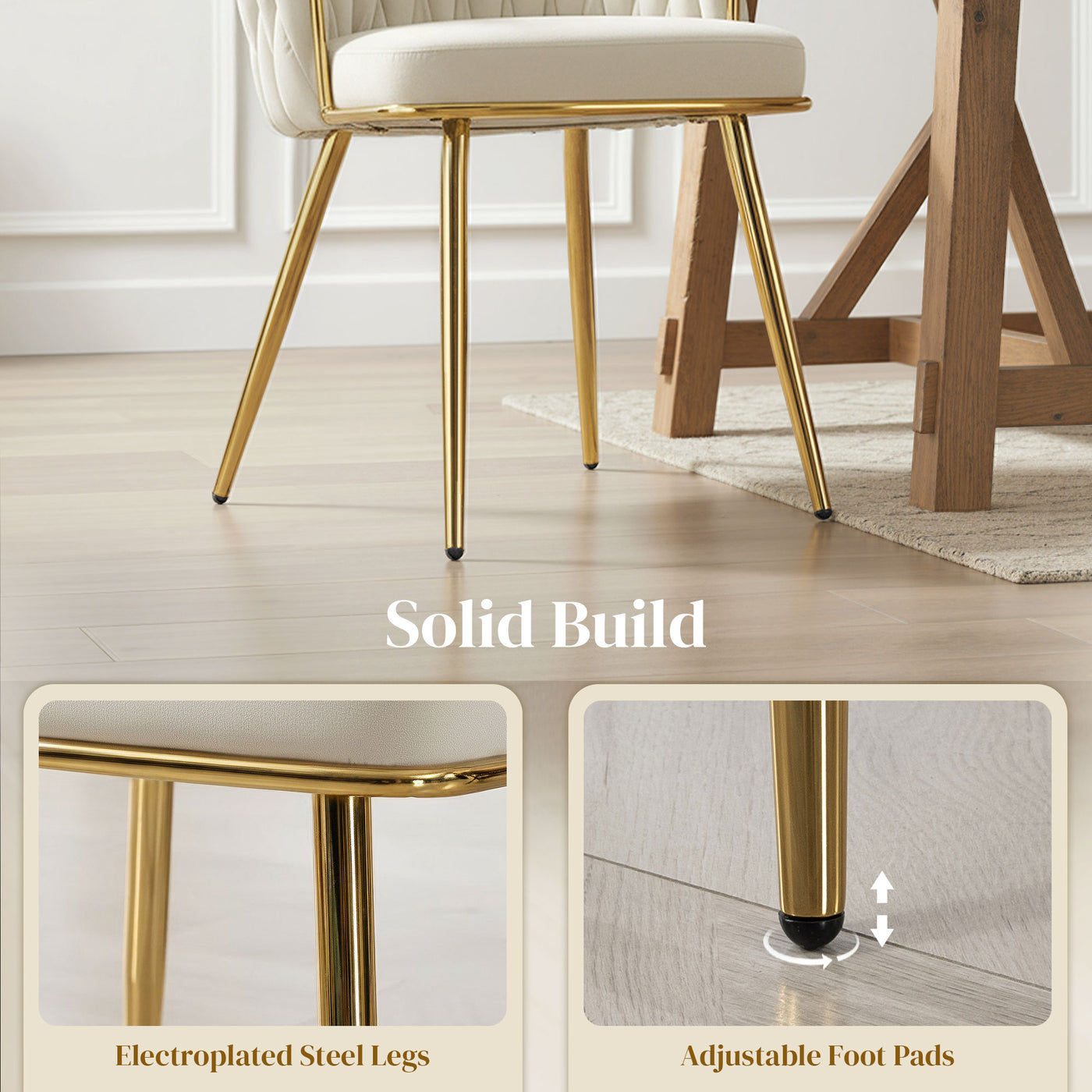 Modern Dining Chairs Set of 2, Velvet-Feel Upholstered Kitchen Chairs with Woven Backrest and Metal Legs, Cream White