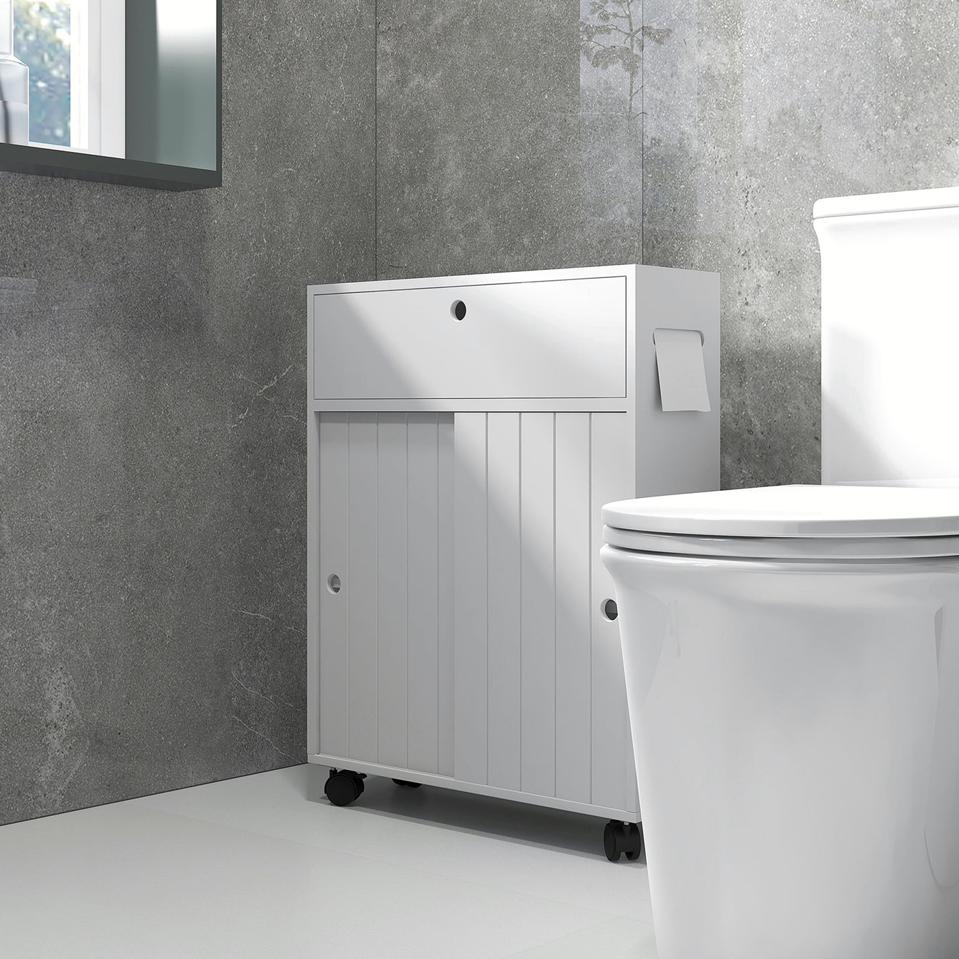 Bathroom Storage Cabinet, Bathroom Cabinet with 4 Rolling Wheels and Paper Holes, 20.5" x 6.75" x 26.5", White