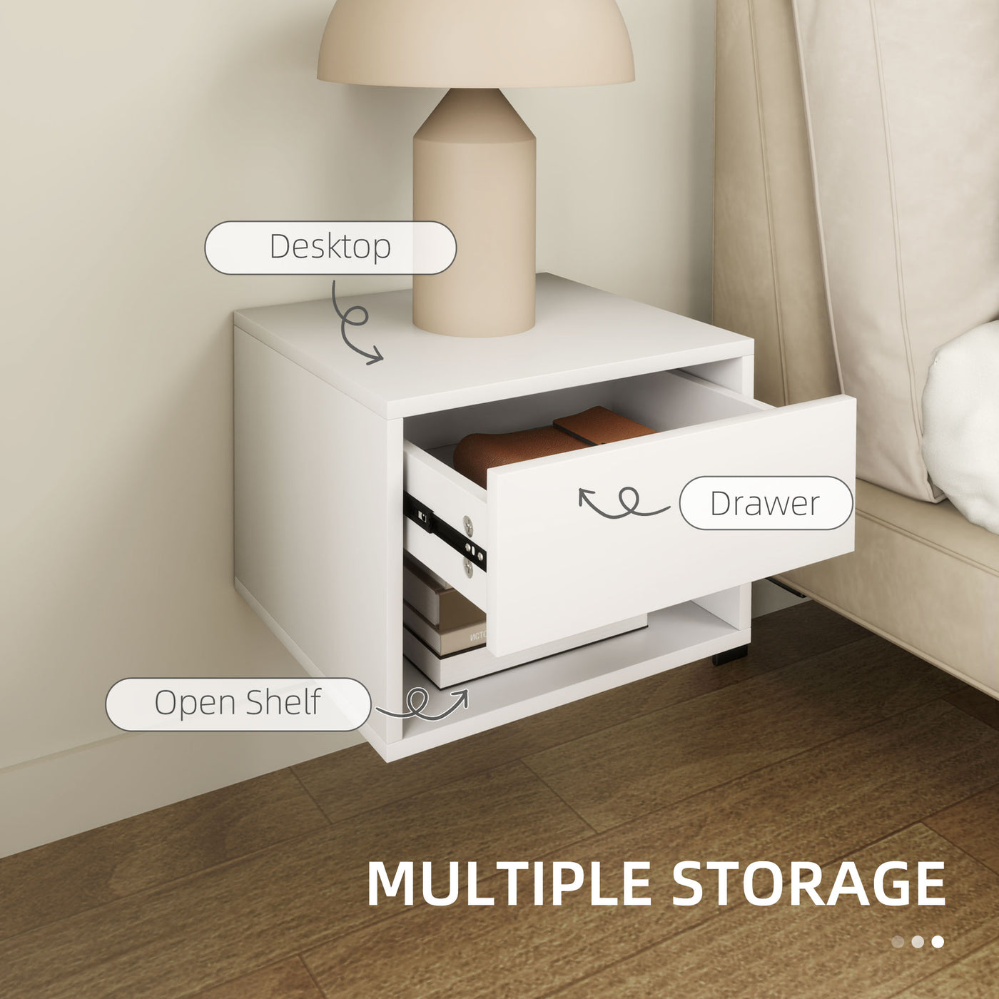 Floating Nightstand Set of 2, Wall Mounted Bedside Table with Drawer for Bedroom, White