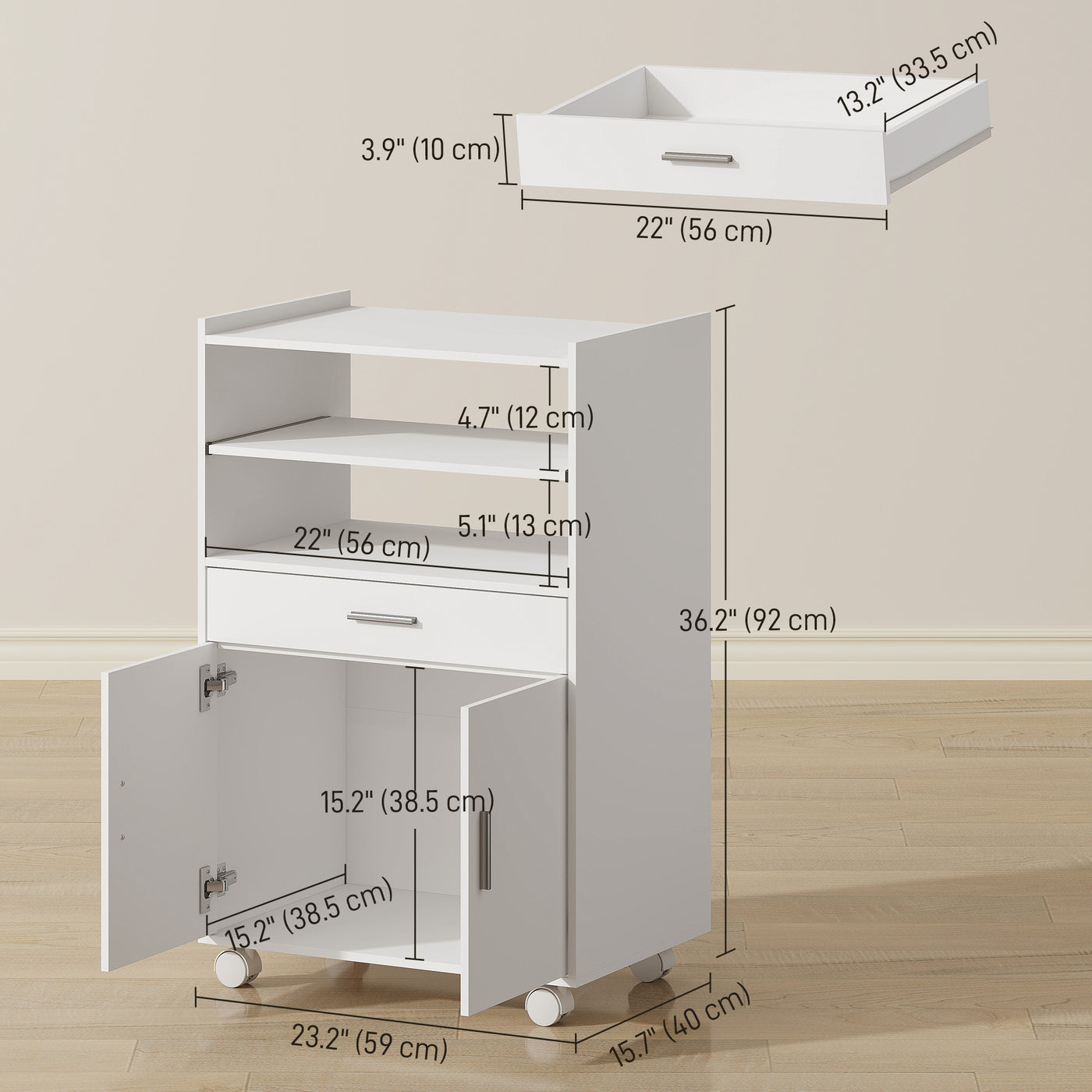 Microwave Cart with Wheels, Microwave Stand with Worktop, Open Shelves and Drawer, Storage Cabinet, White