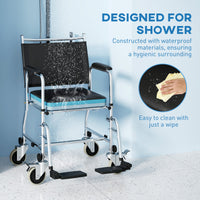 Rolling Shower Chair, Bedside Commode Wheelchair with Padded Seat, Backrest, for Seniors, Disabled, 300 lbs, Black