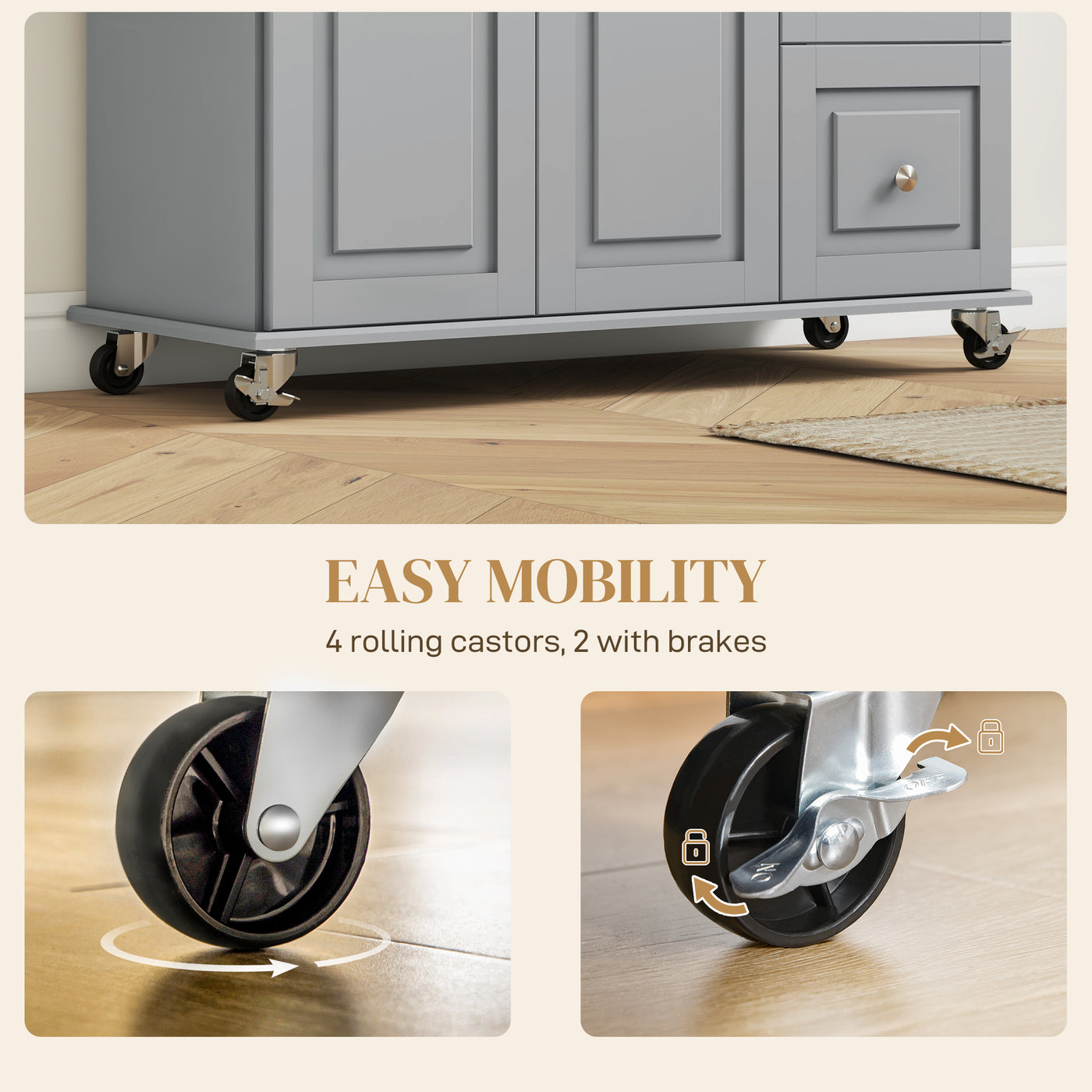 Kitchen Island on Wheels, Kitchen Cart with Drop Leaf, Drawers, Grey