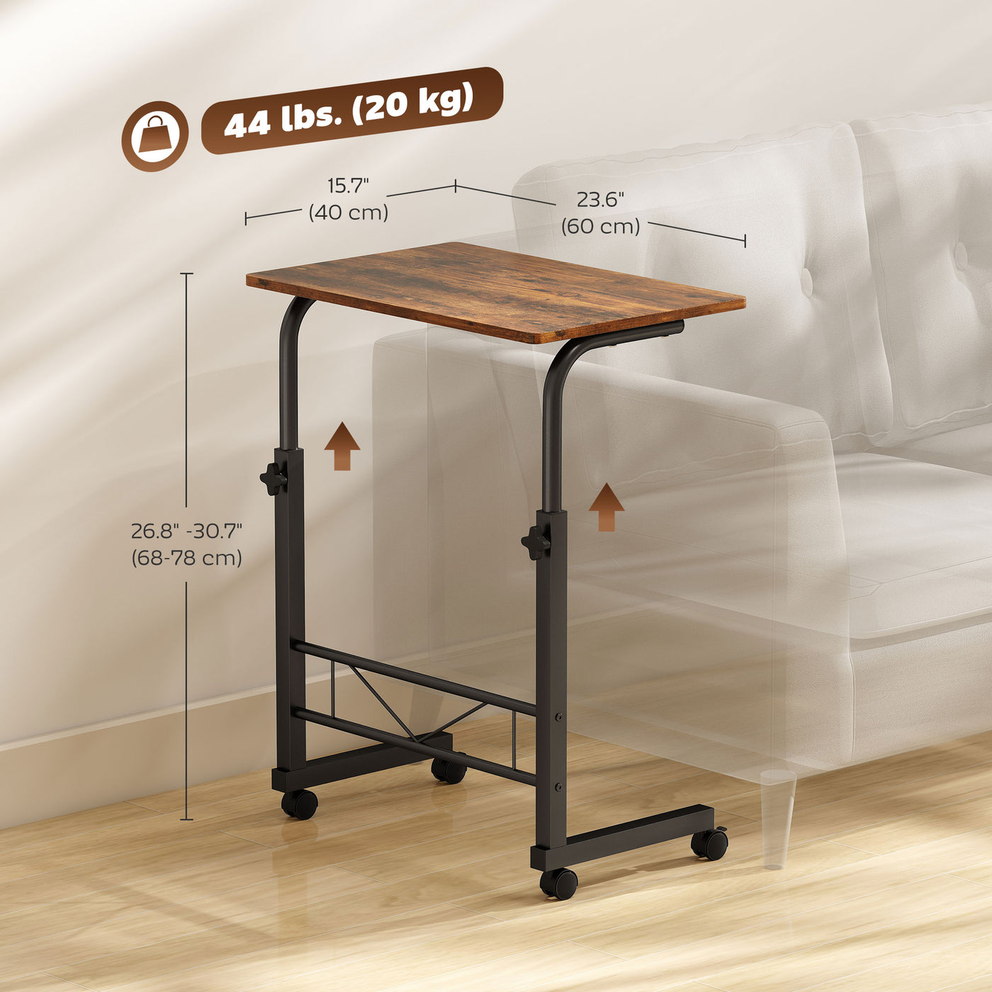 Mobile Standing Desk with Adjustable Height, 23.5 inch Stand Up Desk with Wheels, Rustic Brown