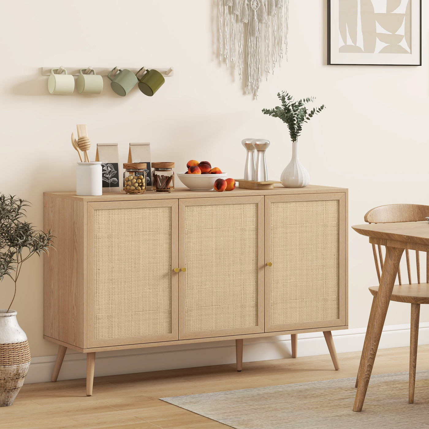 Kitchen Sideboard Cabinet, Boho Storage Cabinet with Shelves, Wood Legs, Decorative Rattan Doors, Natural
