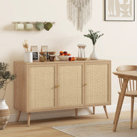 Kitchen Sideboard Cabinet, Boho Storage Cabinet with Shelves, Wood Legs, Decorative Rattan Doors, Natural