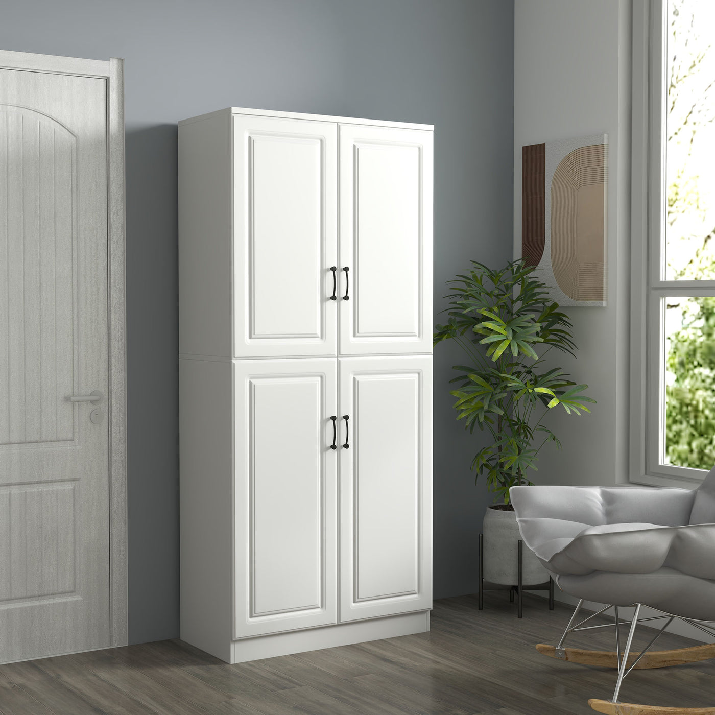 71" Freestanding Kitchen Pantry Cabinet, Storage Cabinet with 4 Hinged Doors and Adjustable Shelves, White