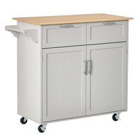 41" Kitchen Island with Storage and Solid Wood Top, Rolling Kitchen Cart on Wheels with 2 Storage Drawers, 2 Doors and Towel Rack for Dining Room, Grey