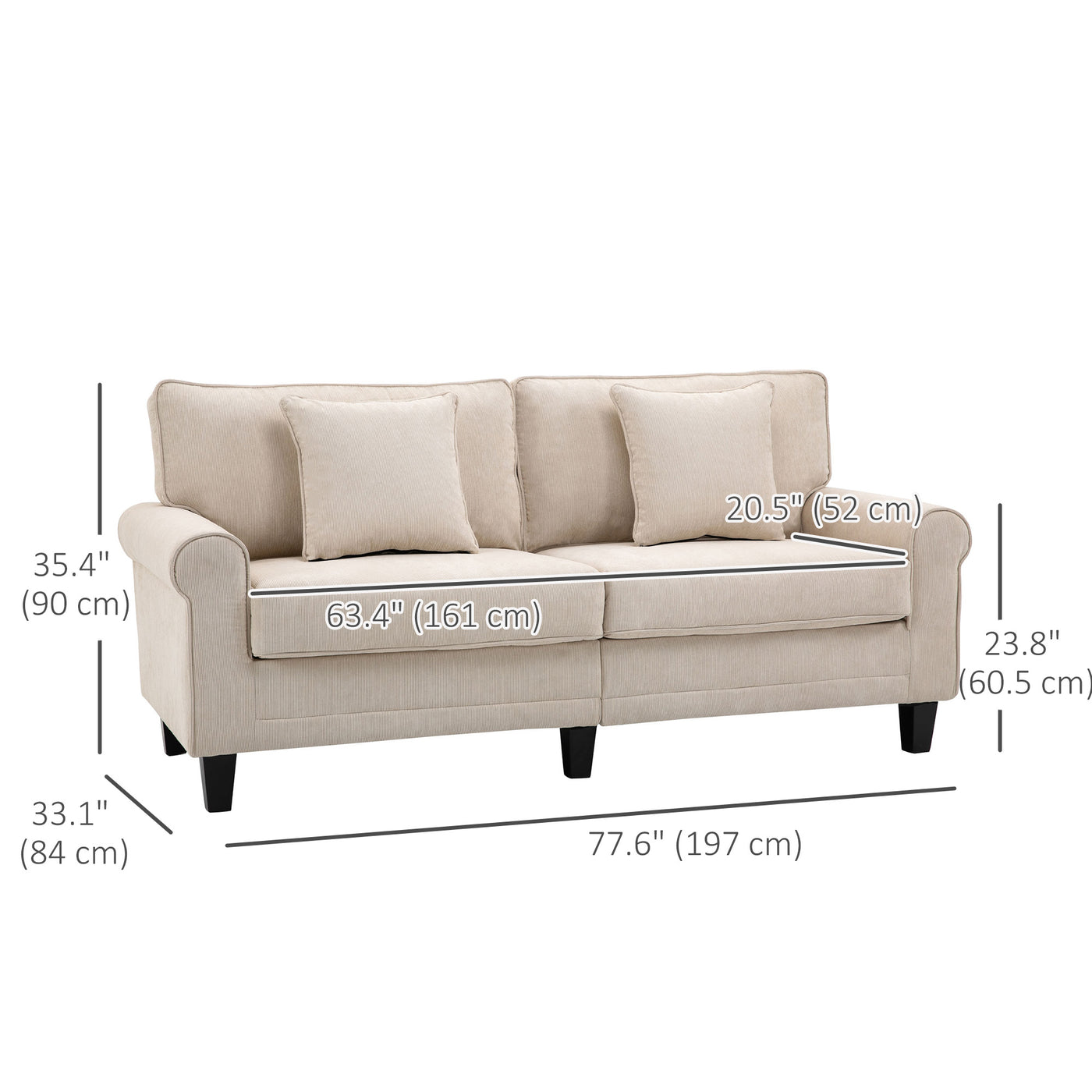 Modern 3 Seater Sofa, Corduroy Fabric 3 Seater Couch with Pine Wood Legs and Rolled Armrests for Living Room, Beige