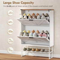 Narrow Shoe Storage Cabinet with 2 Flip Drawers, Slim Shoe Cabinet for 15-20 Pairs, White Wood Grain