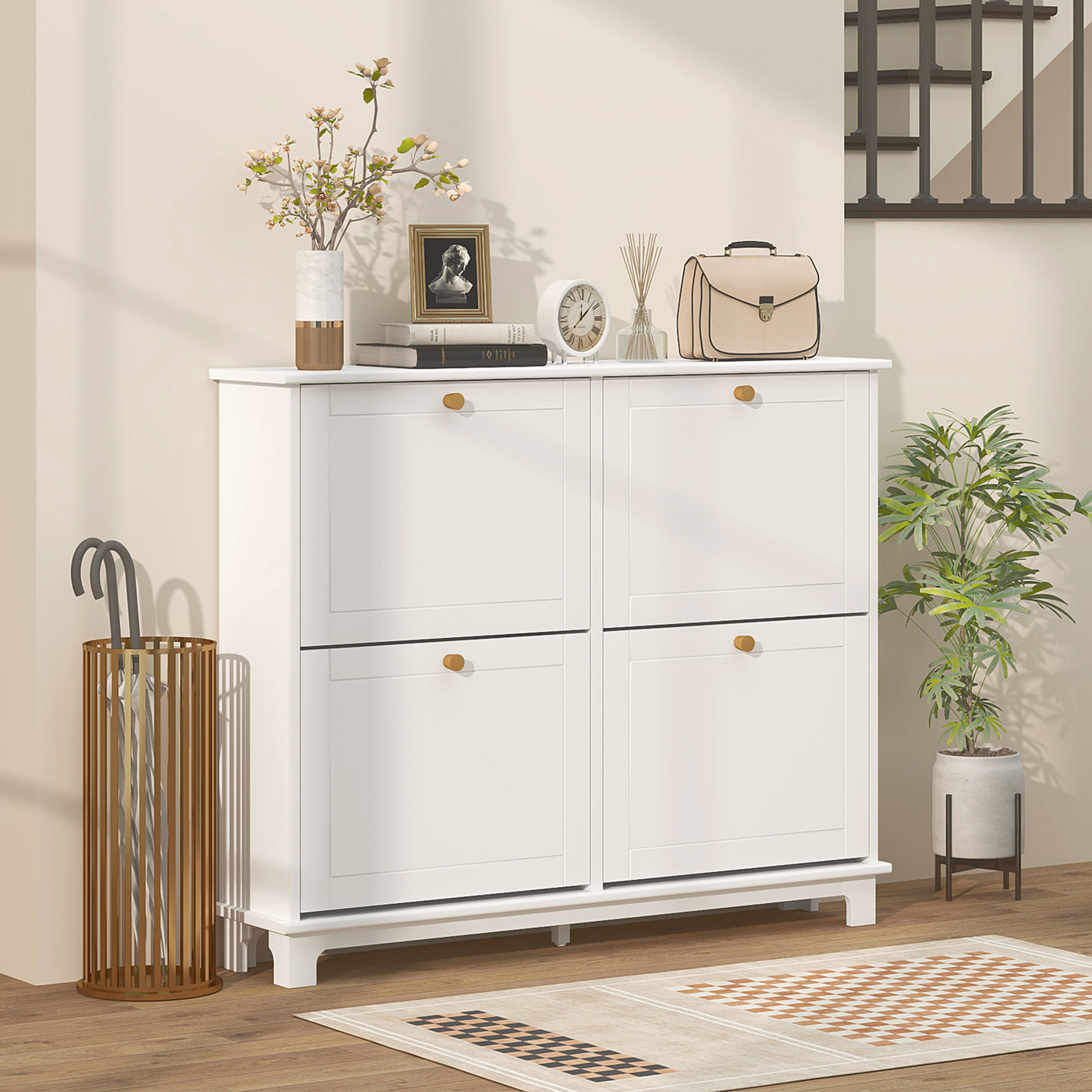 Modern Shoe Storage Cabinet, Narrow Shoe Cabinet with 4 Flip Drawers, Adjustable Shelves, 5 Legs for Entryway, White