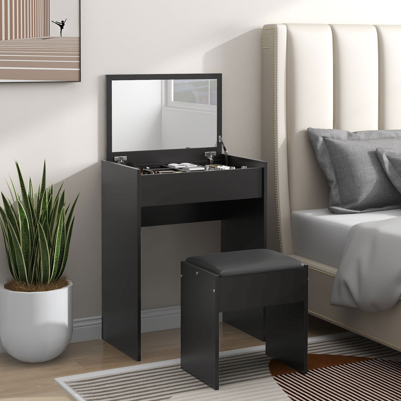 Modern Vanity Set with Makeup Table and Cushioned Stool, Dressing Table with Flip Top and Mirror for Bedroom, Black