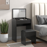 Modern Vanity Set with Makeup Table and Cushioned Stool, Dressing Table with Flip Top and Mirror for Bedroom, Black