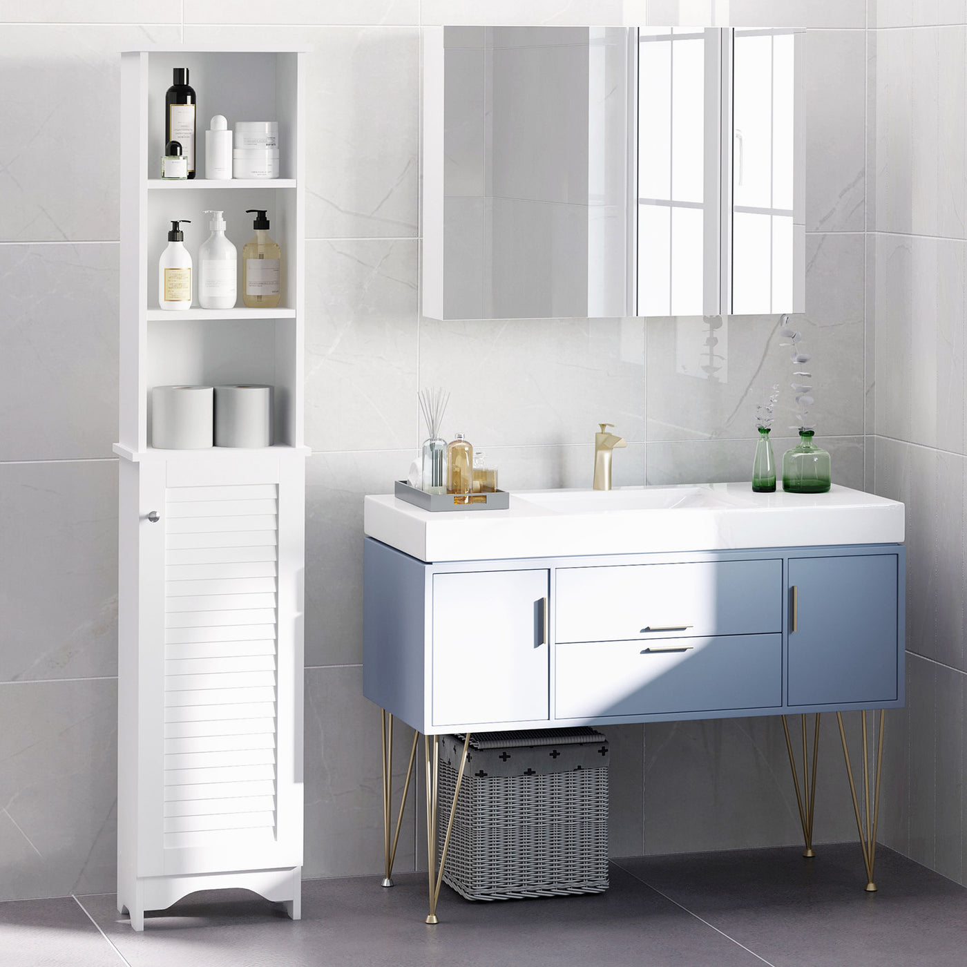 Tall Bathroom Storage Cabinet, Freestanding Linen Tower with 3-Tier Open Adjustable Shelf, White