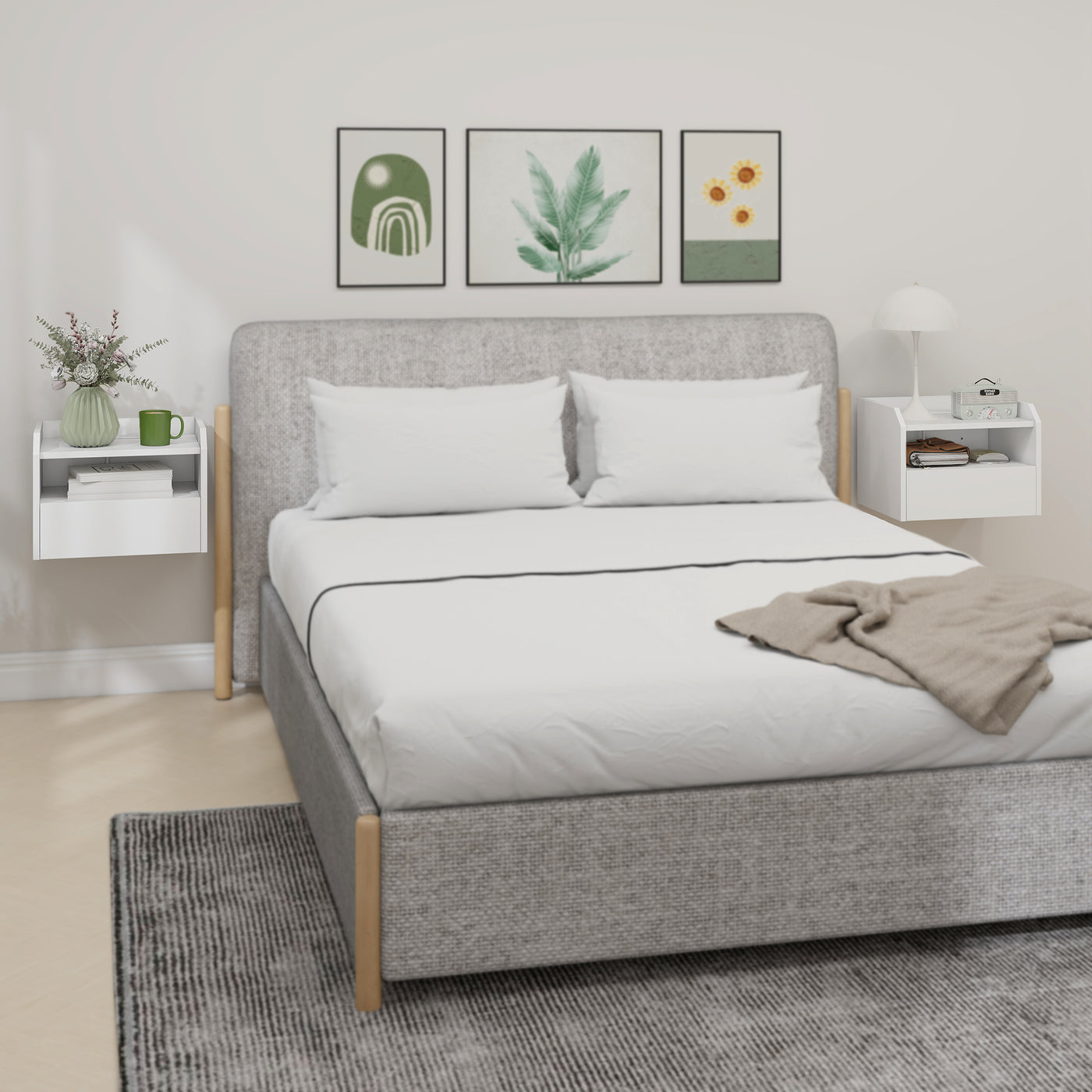 Wall Mounted Bedside Table, Set of 2 Floating Nightstand with Charging Station, Drawer and Open Shelf for Bedroom, White