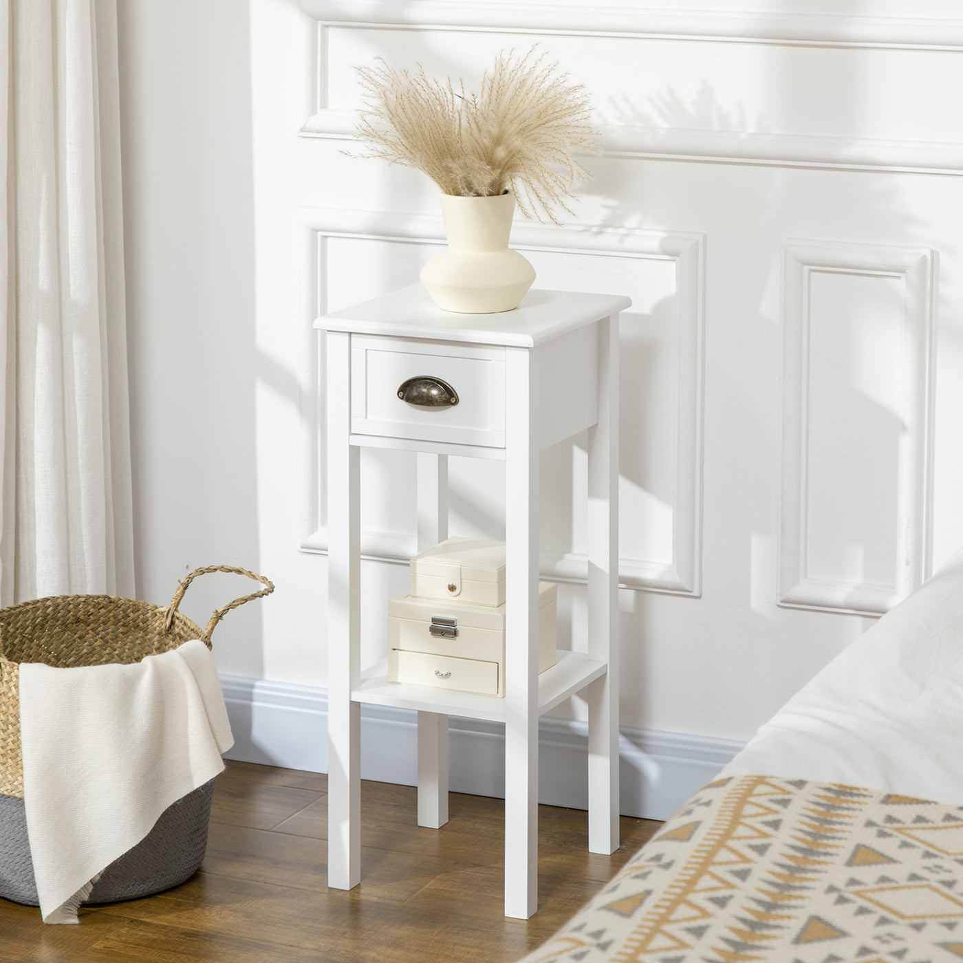 2 Tier Side Table, Set of 2, Narrow Tall End Table with Drawer and Shelf, Slim Wooden Nightstand for Living Room, Bedroom, Hallway, White