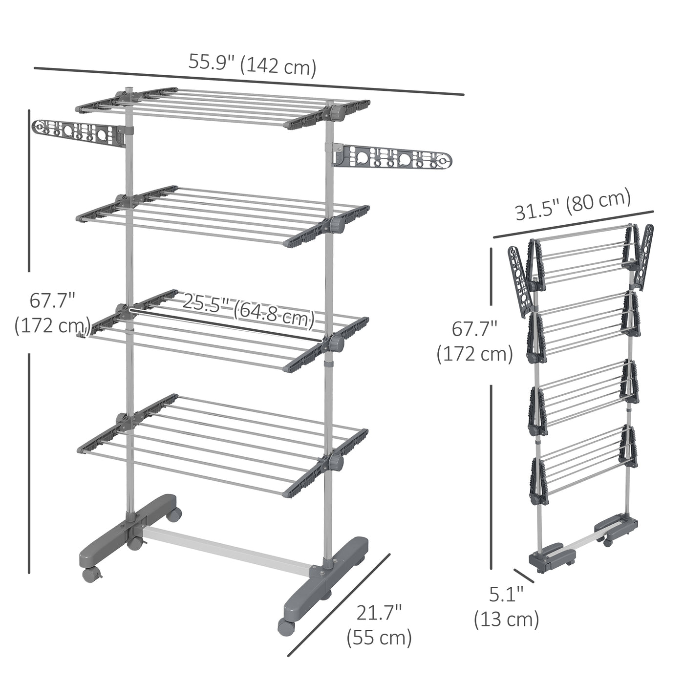 Garment Drying Rack Stainless Steel Folding Clothes Hanging Rack with Side Wings Castors for Indoor Outdoor Grey