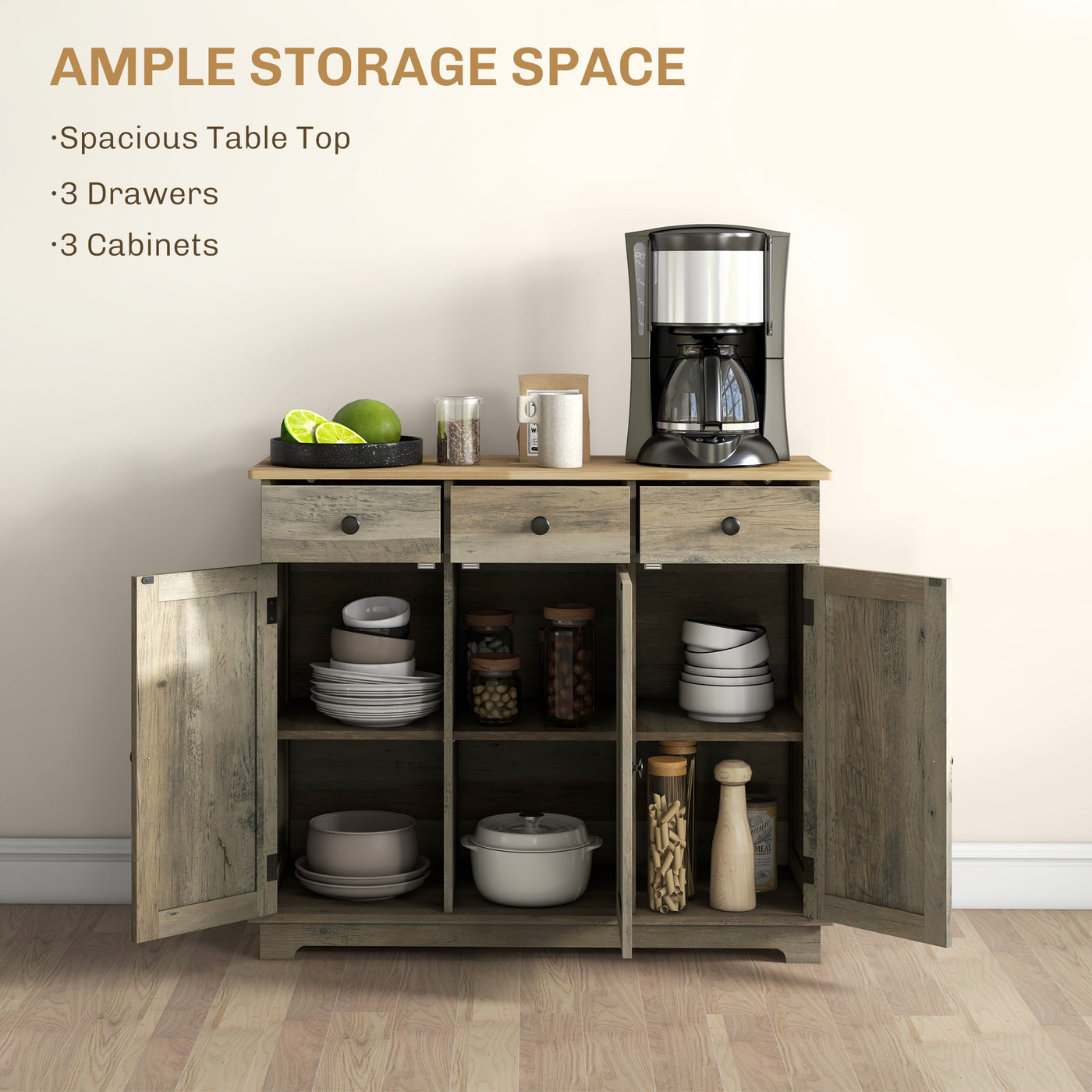 Modern Sideboard, Buffet Cabinet with Storage Cabinets, Drawers and Adjustable Shelves for Living Room, Washed Grey