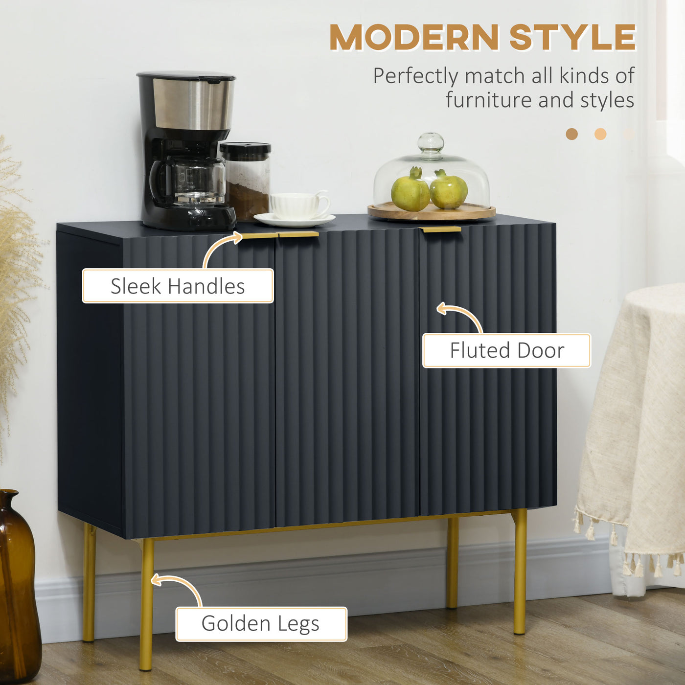 Modern Storage Cabinet Sideboard Buffet Cabinet with Gold Legs for Living Room Dining Room Hallway Black