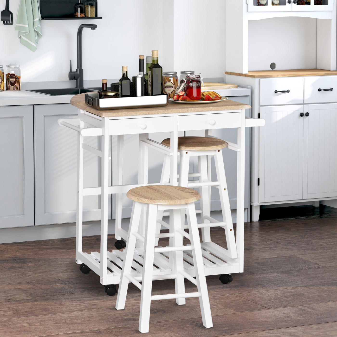 Kitchen Trolley 3 Piece Kitchen Cart Set Drop Leaf Breakfast Table and 2 Stools w/ Rolling Wheels & Towel Bars, Wood & White
