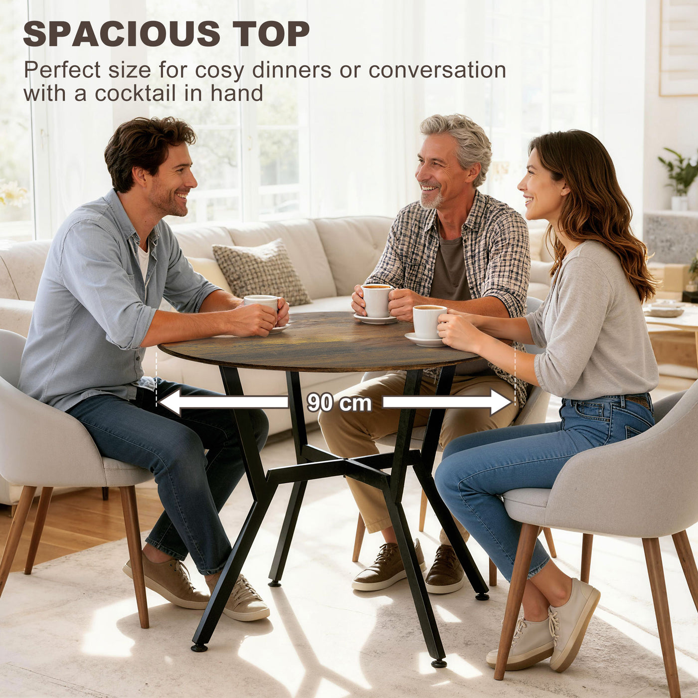 35" Round Dining Table, Modern Dining Room Table with Steel Frame, Space Saving Small Kitchen Table, Rustic Brown