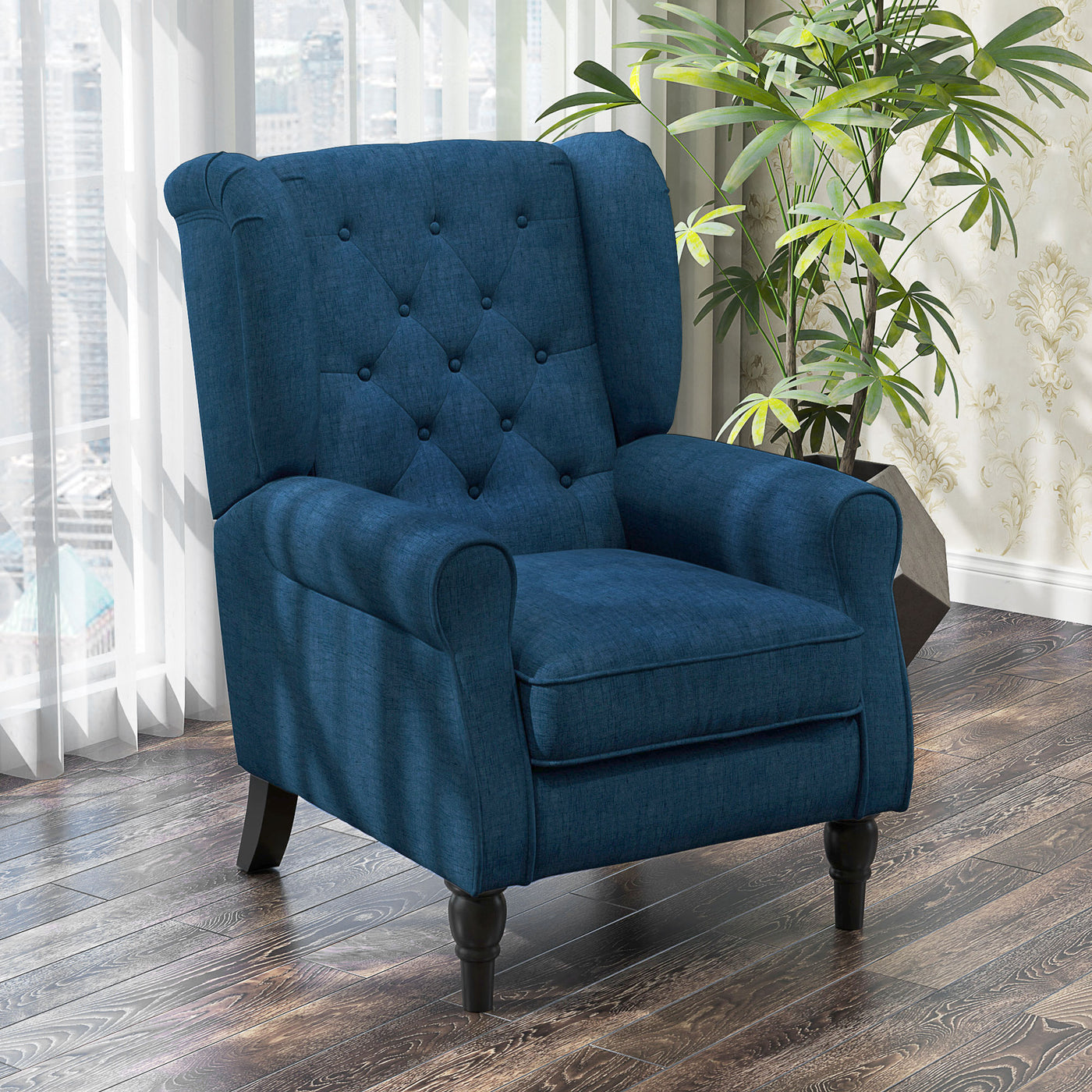 Button Tufted Accent Chair for Living Room - Upholstered Wingback with Wood Legs, Rolled Arms, Thick Padding, Blue