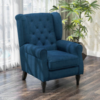Button Tufted Accent Chair for Living Room - Upholstered Wingback with Wood Legs, Rolled Arms, Thick Padding, Blue