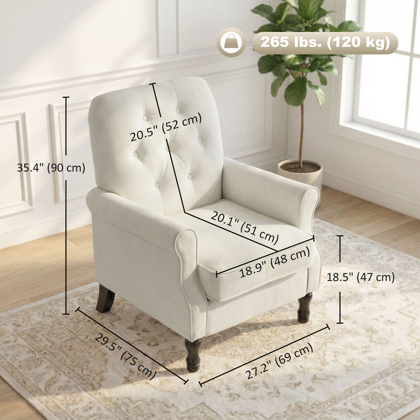 Accent Chair, Mid-Century Modern Armchair with Thick Padded Seat, Spring Cushion, Solid Wood Legs, Cream White