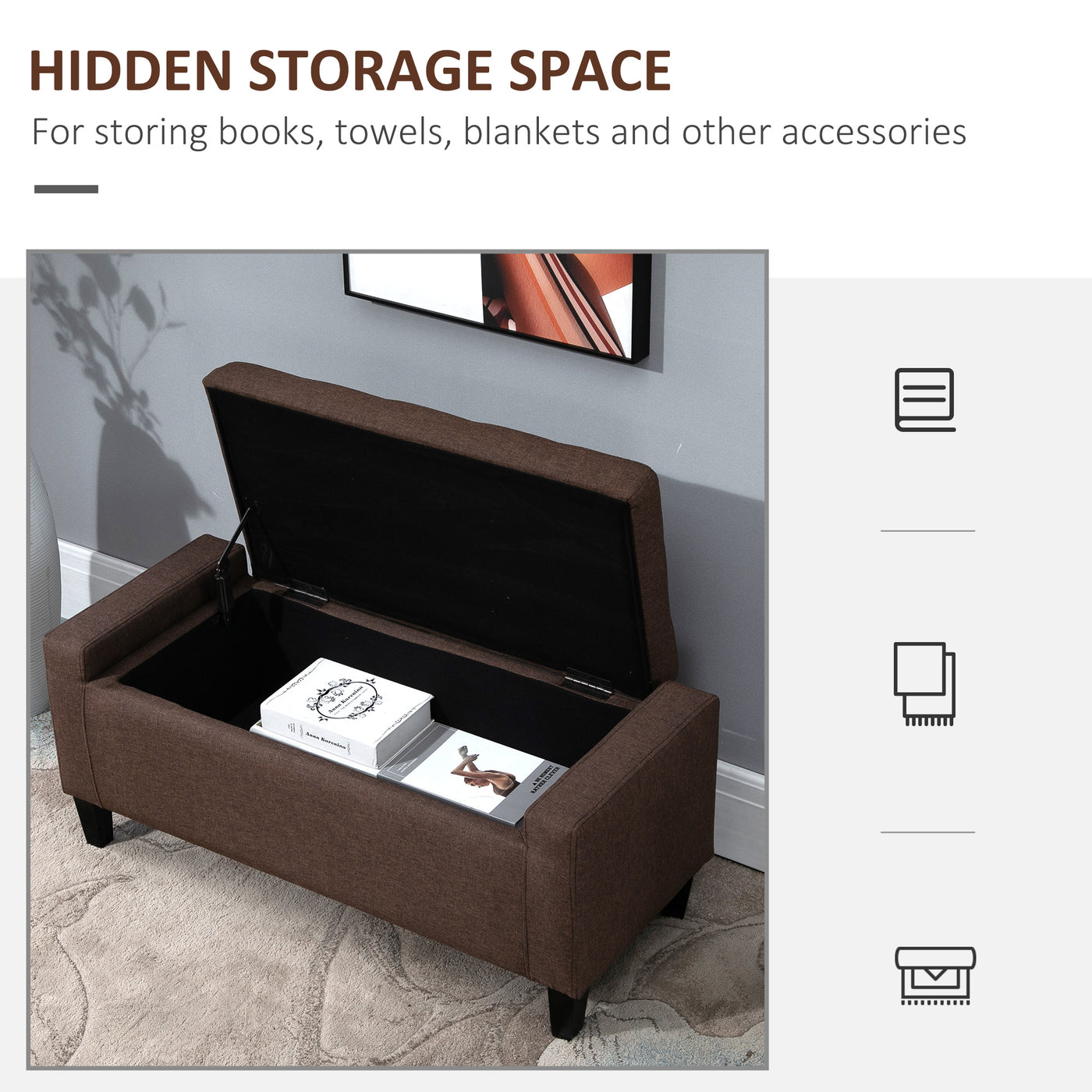 Storage Ottoman Bench, Linen Upholstered Bench with Tufted Design, Brown