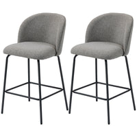Set of 2 Counter Height Barstools, Upholstered Linen Bar Stools with Backrest, Footrest and Steel Legs, Dark Grey