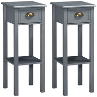 Bedside Table Set of 2, Narrow Side Table with Drawer and Shelf, 2 Tier Tall Nightstand for Bedroom, Grey