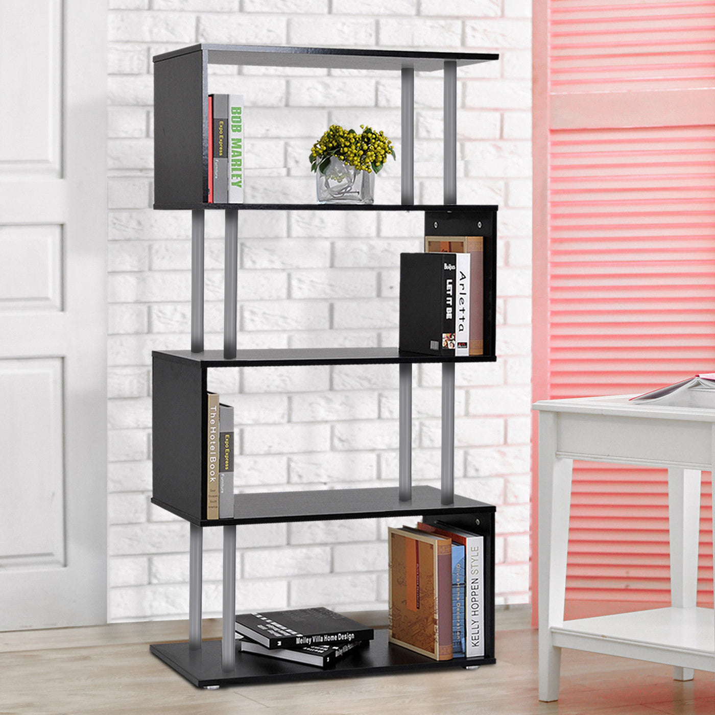 5-Tiers Geometric Wooden Bookcase S-Shaped Storage Bookshelf Display with Metal Frame for Living Room, Bedroom, Home Office, Black