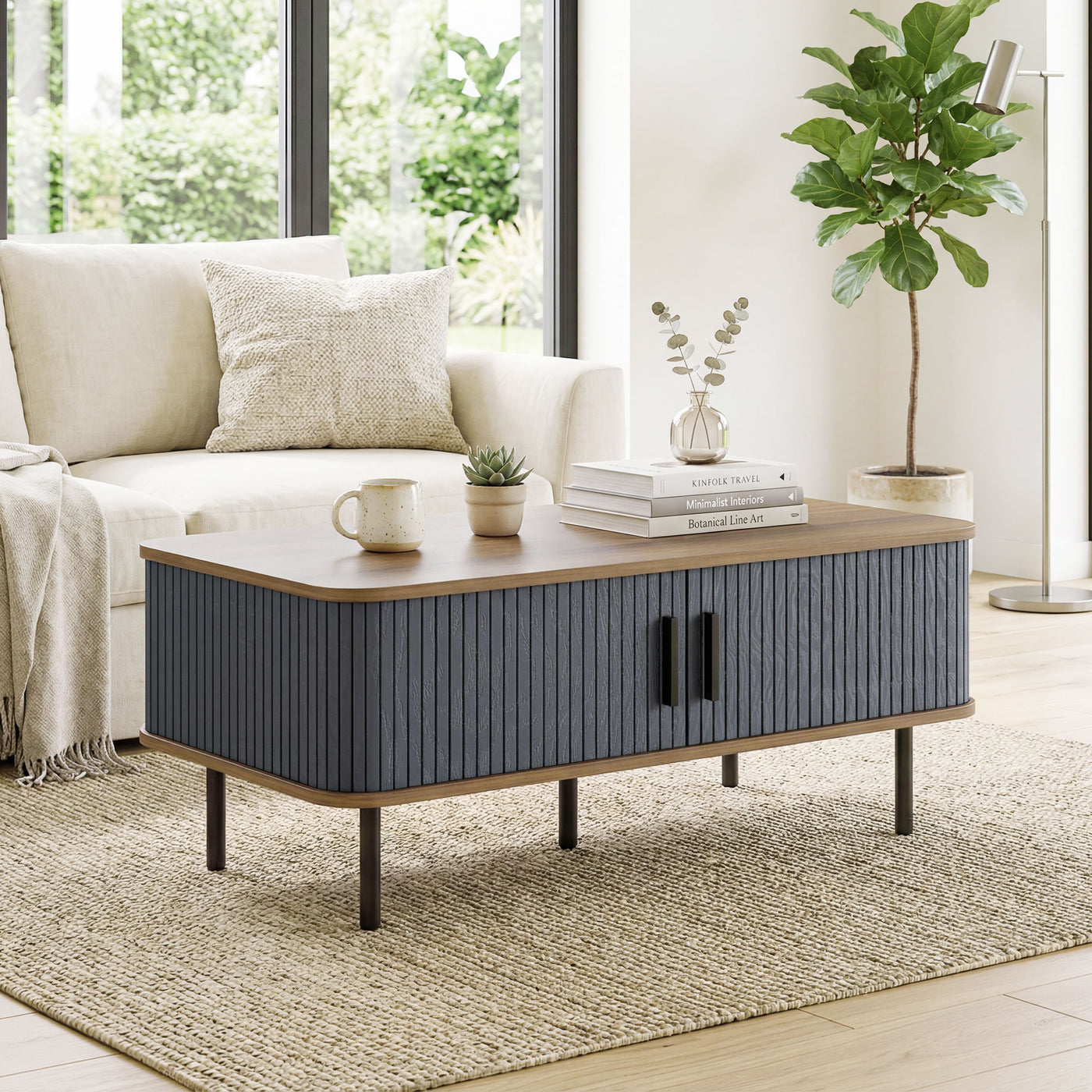 Nordic Side Table with Fluted Tambour Sliding Doors and Steel Legs, Coffee Table with Storage for Living Room, Black