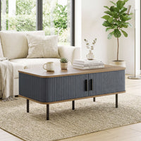 Nordic Side Table with Fluted Tambour Sliding Doors and Steel Legs, Coffee Table with Storage for Living Room, Black