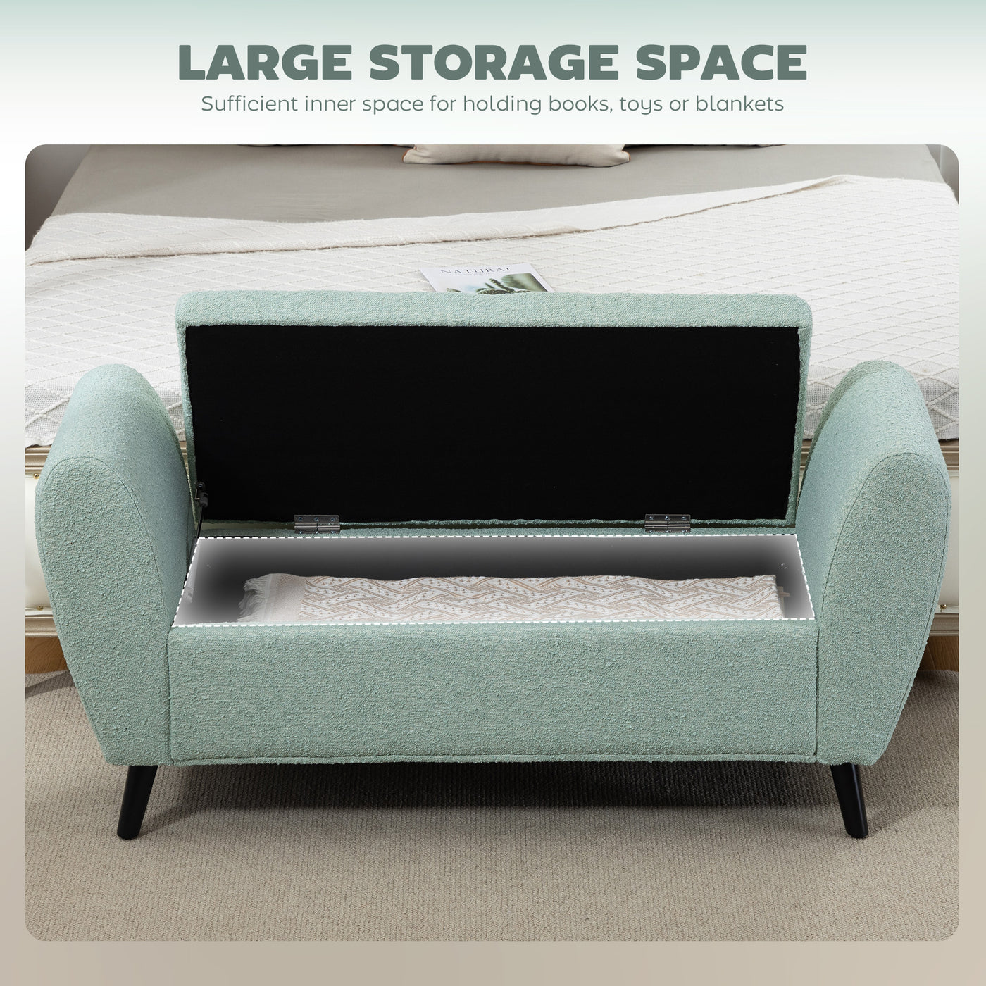 Upholstered Storage Bench with Arms, Modern Ottoman Bench for Bedroom, Entryway, and Living Room, Green