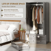 Modern Wardrobe Closet Armoire with 2 Drawers and Hanging Rod, Clothes Storage Organizer for Bedroom, Grey