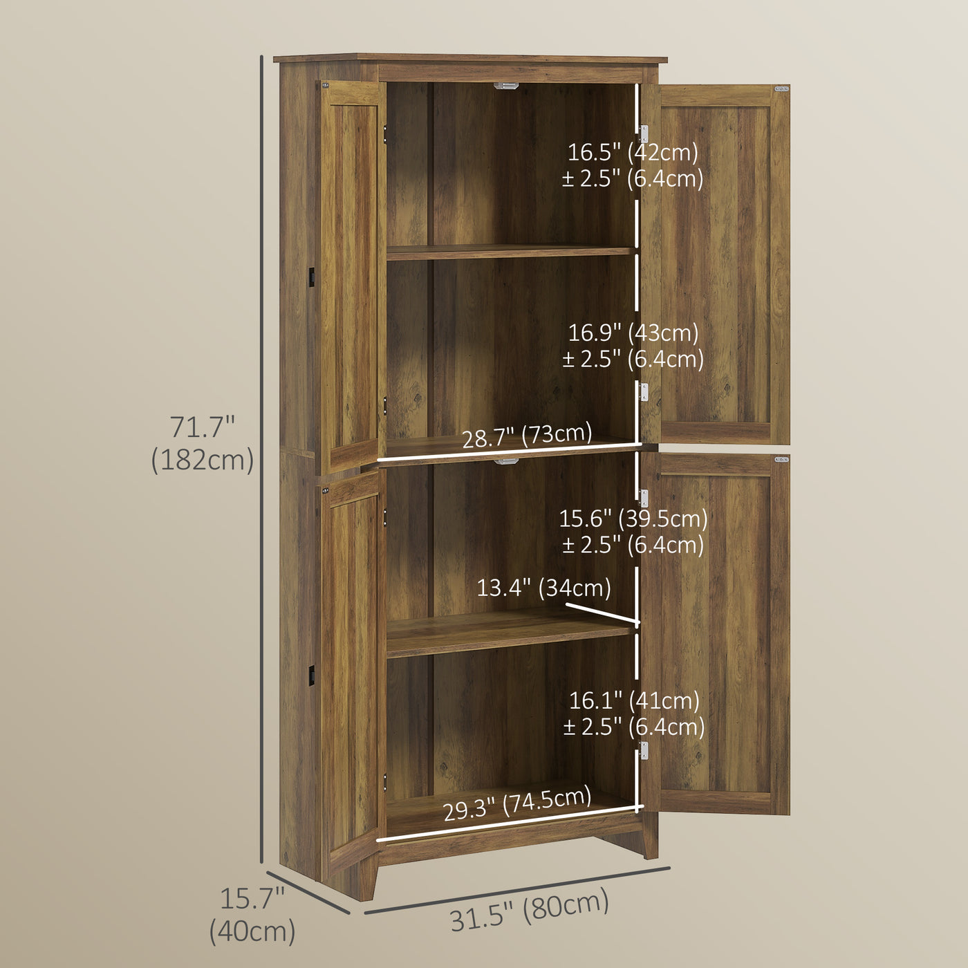 72" Freestanding Storage Cabinet, Kitchen Pantry Cabinet with Doors and Shelves for Dining Room, Brown