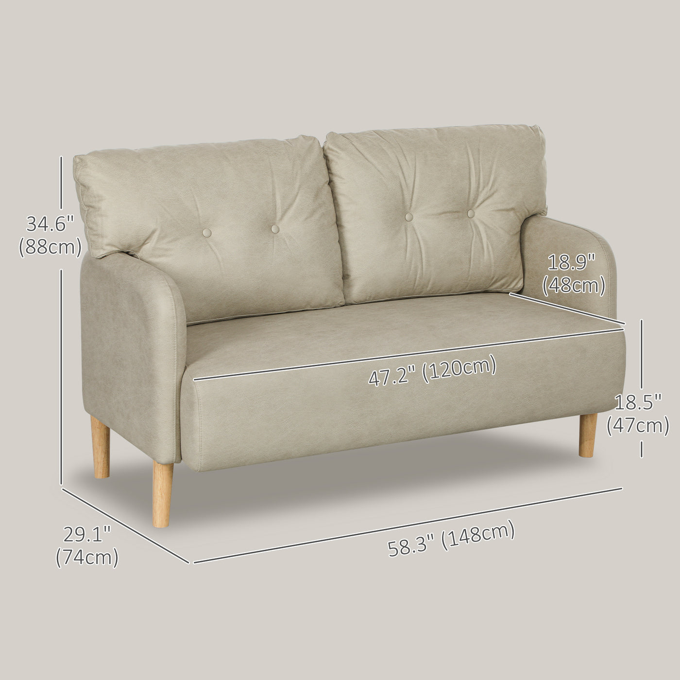 58" 2 Seat Sofa, Modern Love Seats Furniture, Upholstered 2 Seater Couch, Solid Wood Frame, Beige