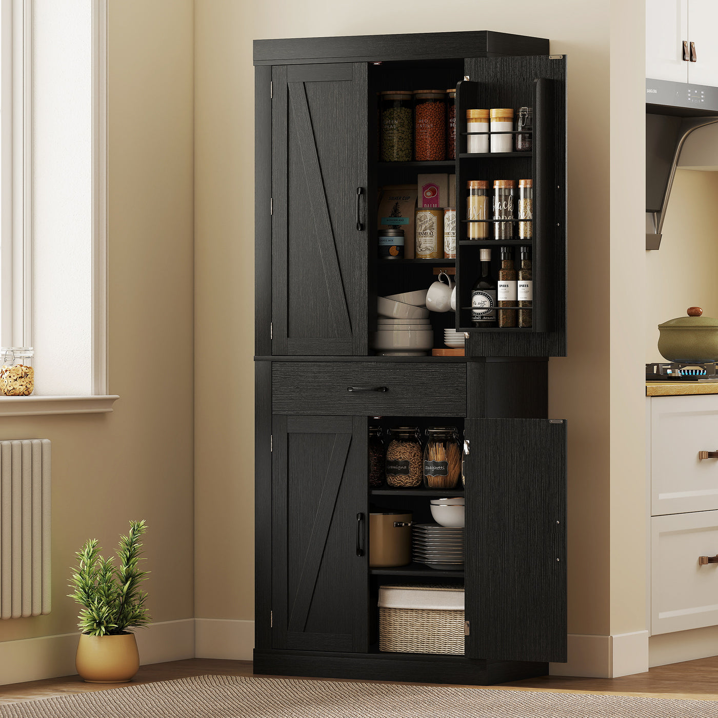 72" Kitchen Pantry Cabinet, Farmhouse Kitchen Storage Cabinet with 4 Barn Doors, 6 Door Shelves, Drawer, Black