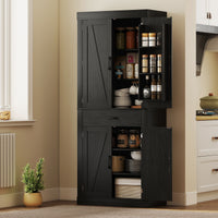 72" Kitchen Pantry Cabinet, Farmhouse Kitchen Storage Cabinet with 4 Barn Doors, 6 Door Shelves, Drawer, Black