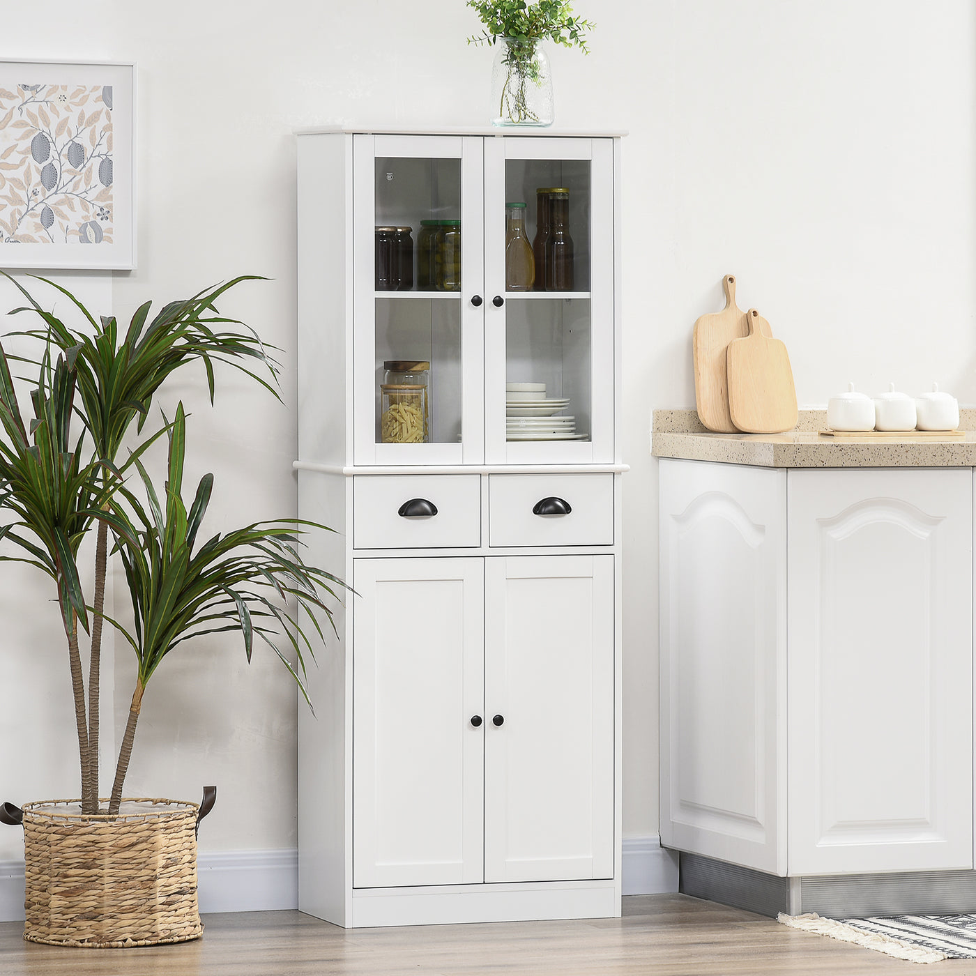 61" Kitchen Pantry Cabinet, Freestanding Farmhouse Buffet Storage Cabinet with Soft Close Glass Doors and Adjustable Shelves, White