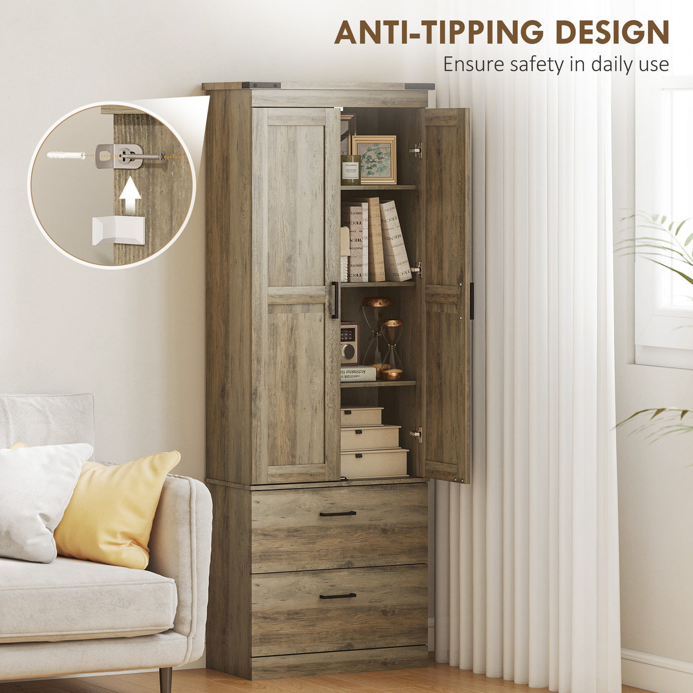 67" Tall Kitchen Pantry Storage Cabinet, Kitchen Pantry Cabinet with Doors, Drawers and Adjustable Shelves, Light Ivory