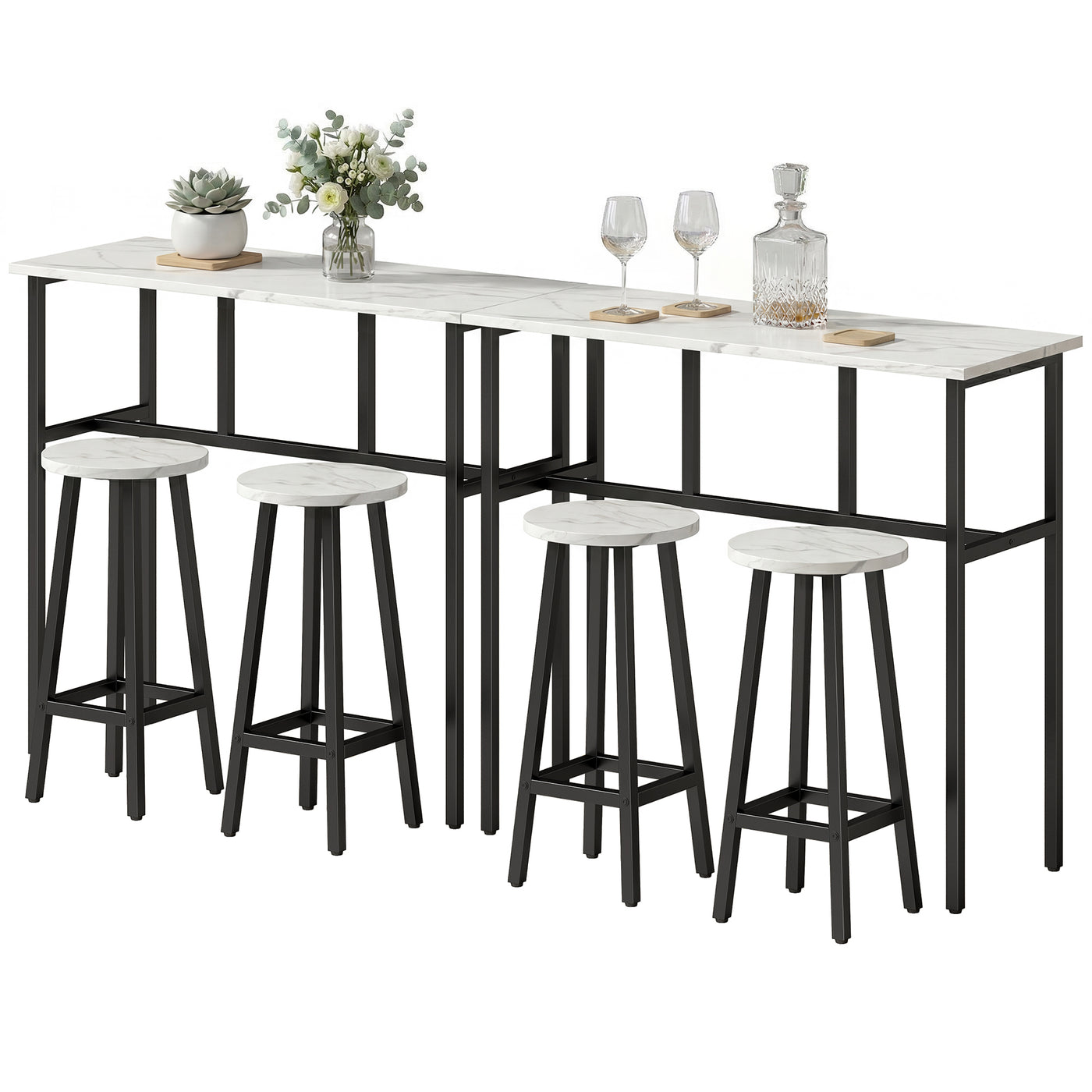 Bar Table Set of 6, Bar Table and Stools for 4, 2 Breakfast Tables and 4 Stools for Living Room, White Marble