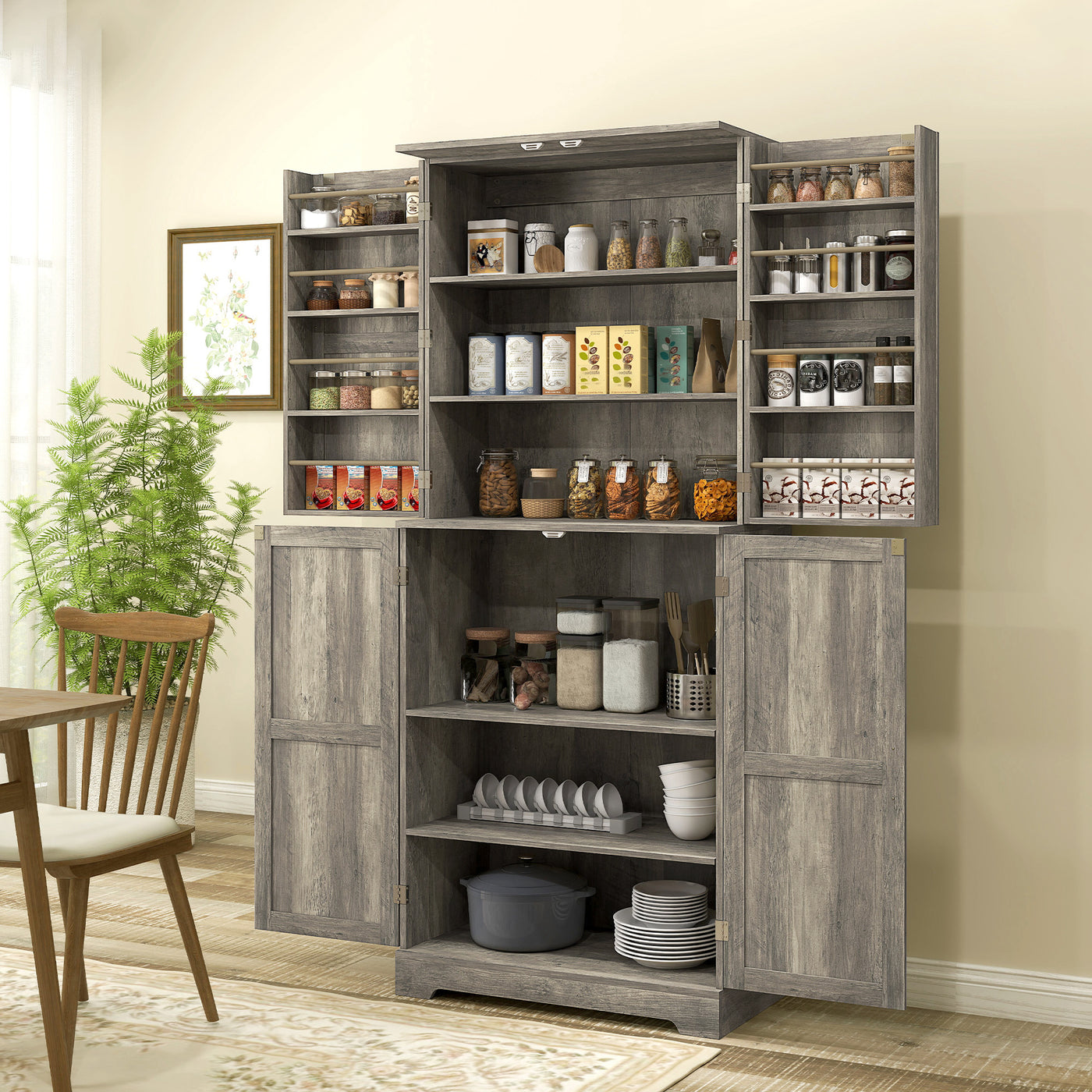 Farmhouse Kitchen Pantry Cabinet, Kitchen Cabinet with Barn Doors, Adjustable Shelves and Door Racks, Distressed Grey